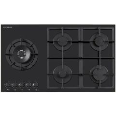NordMende HGX904BGL 90cm Gas Hob with Cast Iron Pan Supports and Side Wok Burner Black Glass
